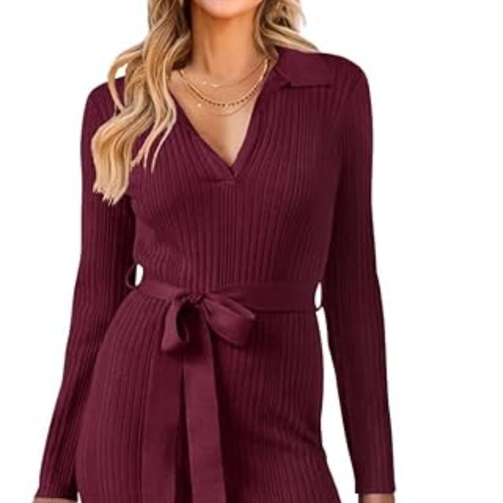 Sweater Dress Long Sleeve Collared V Neck Slit Knit Bodycon Midi Dress with Belt